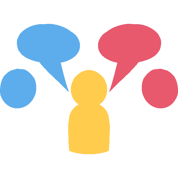a simplified emoji-yellow figure speaking a blue speech bubble to a blue circle and a pink speech bubble to a pink circle